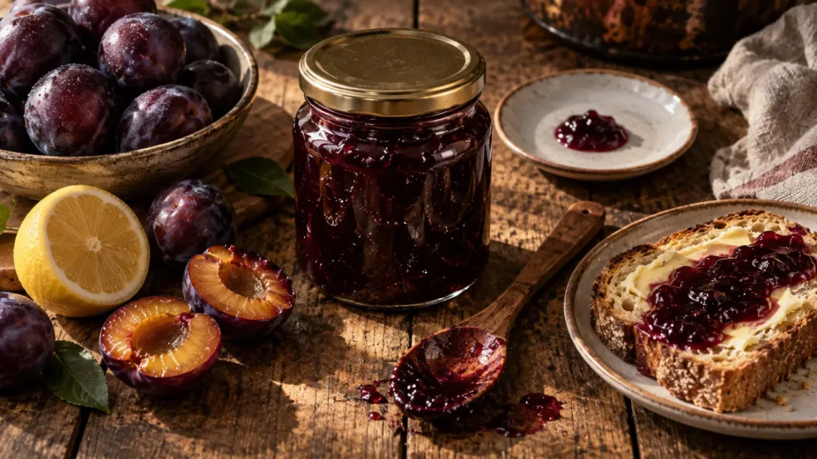 Confiture de prunes recette simple : test à l’assiette froide, pot en verre et prunes
