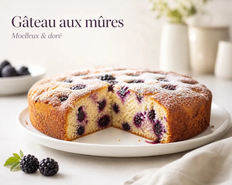 Gâteau à la mure moelleux aux mûres fraîches, présenté sur une assiette blanche