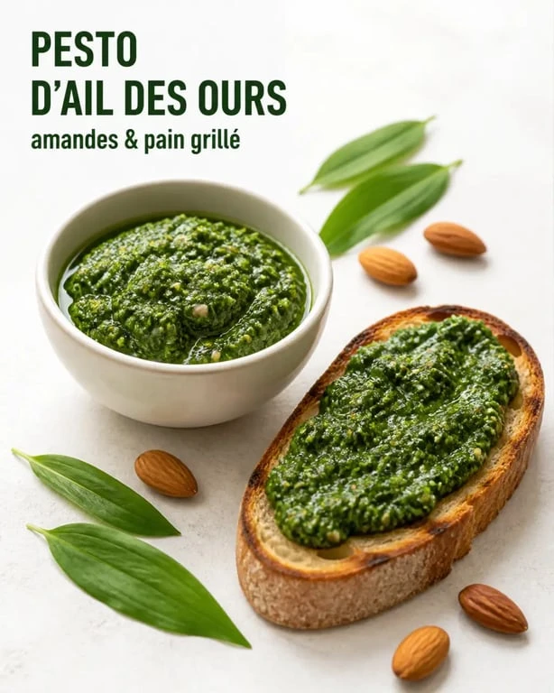 Ail des ours en cuisine : pesto aux amandes servi sur tartine