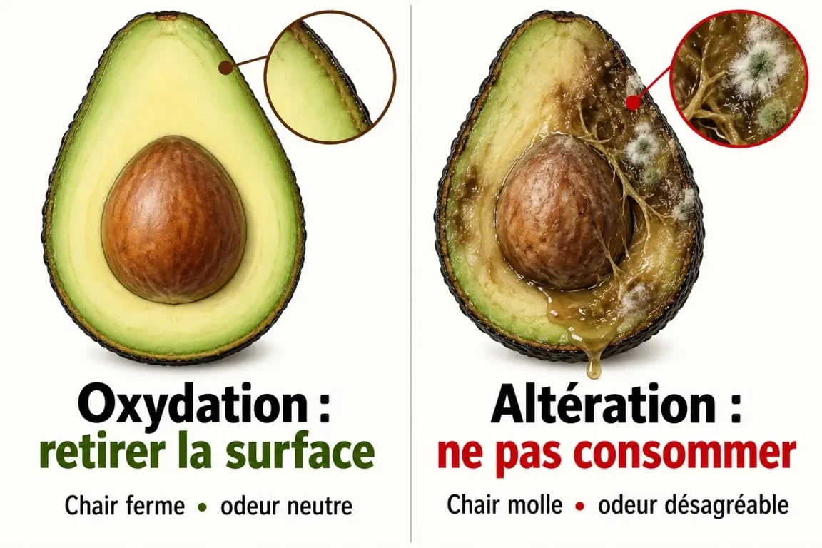 Avocat noirci comestible : infographie pour distinguer oxydation et pourriture