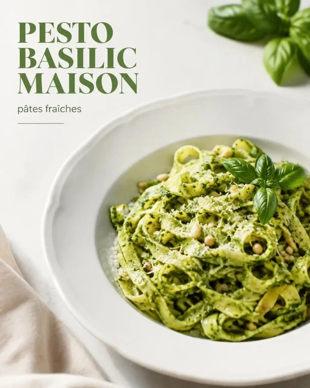 Recette pour pesto basilic maison servie sur des pâtes fraîches en assiette