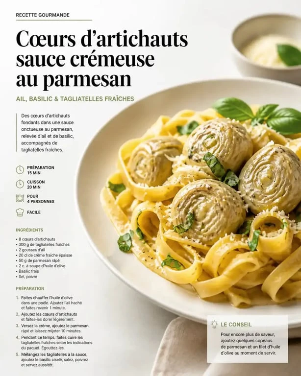 Recette avec cœur d'artichaut à la crème et au parmesan servie avec des tagliatelles