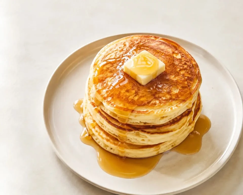 Pancakes recette fluffy dorés et moelleux servis avec sirop d’érable