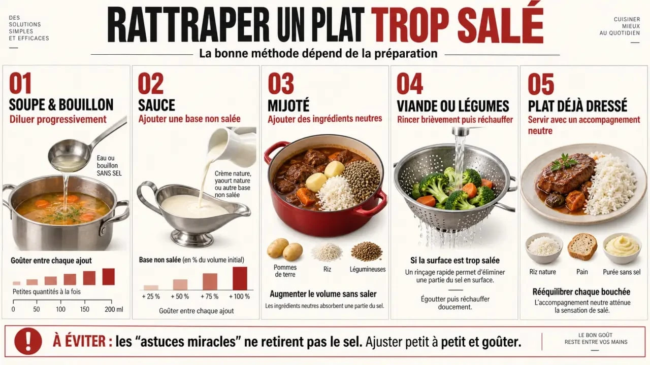 Comment rattraper un plat trop salé selon le type de préparation