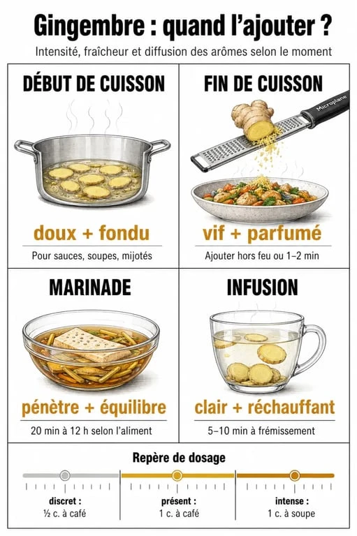 Gingembre cuisine : dosage et moment d’ajout selon les plats