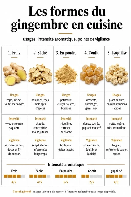 Gingembre cuisine : comparatif visuel des formes fraîches, séchées, en poudre, confites et lyophilisées