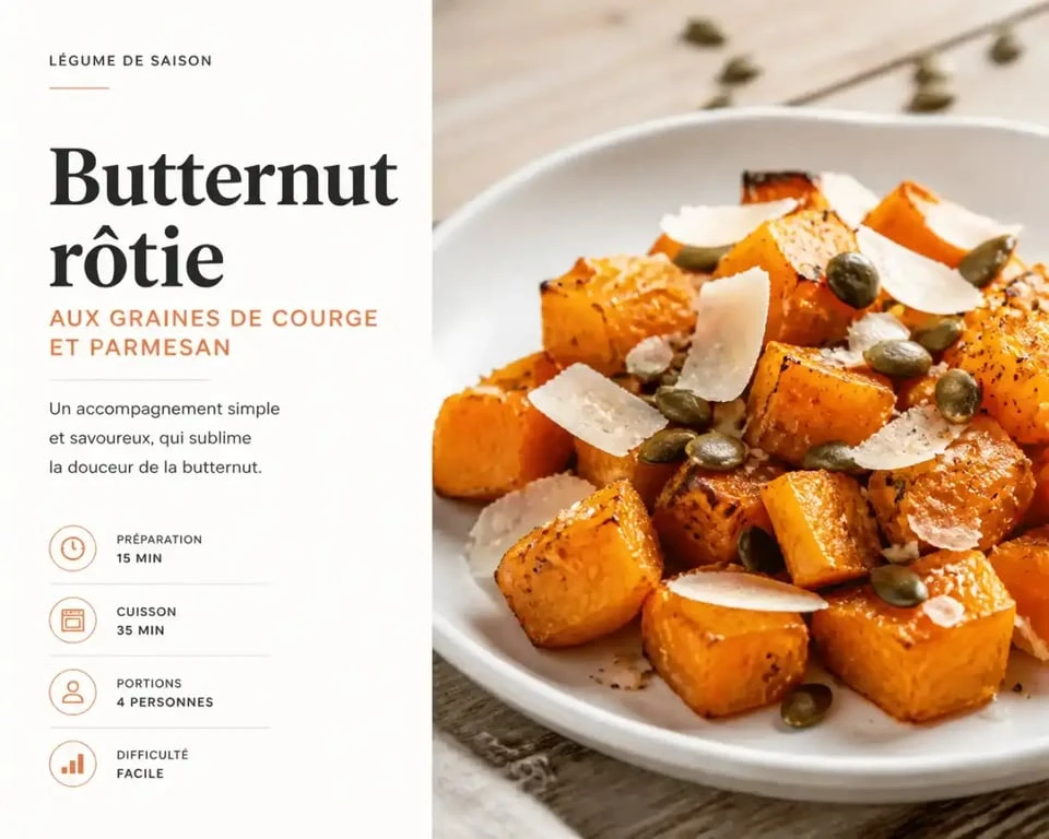 Plat de butternut rôtie au four servi en accompagnement avec parmesan et graines de courge