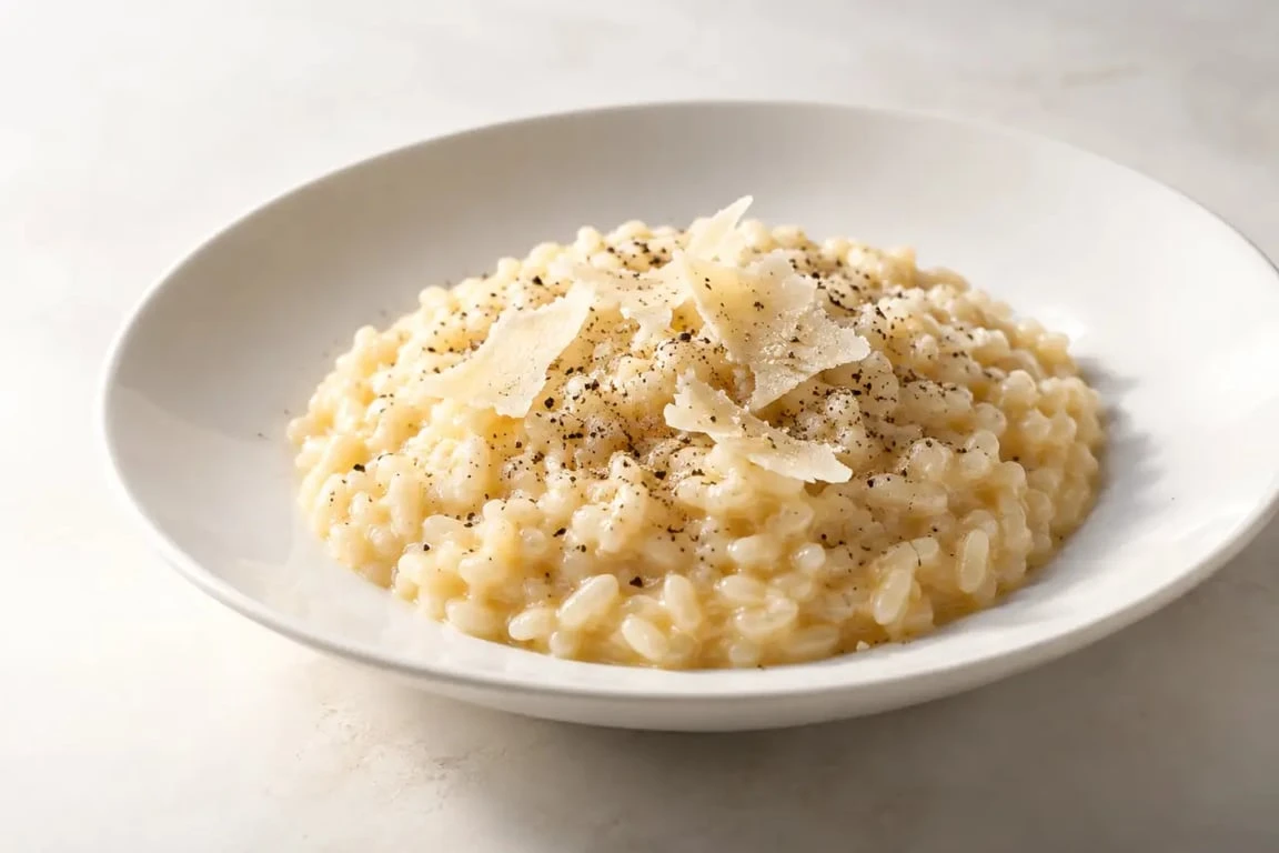 Recette de risotto facile au parmesan, crémeux et servi dans une assiette
