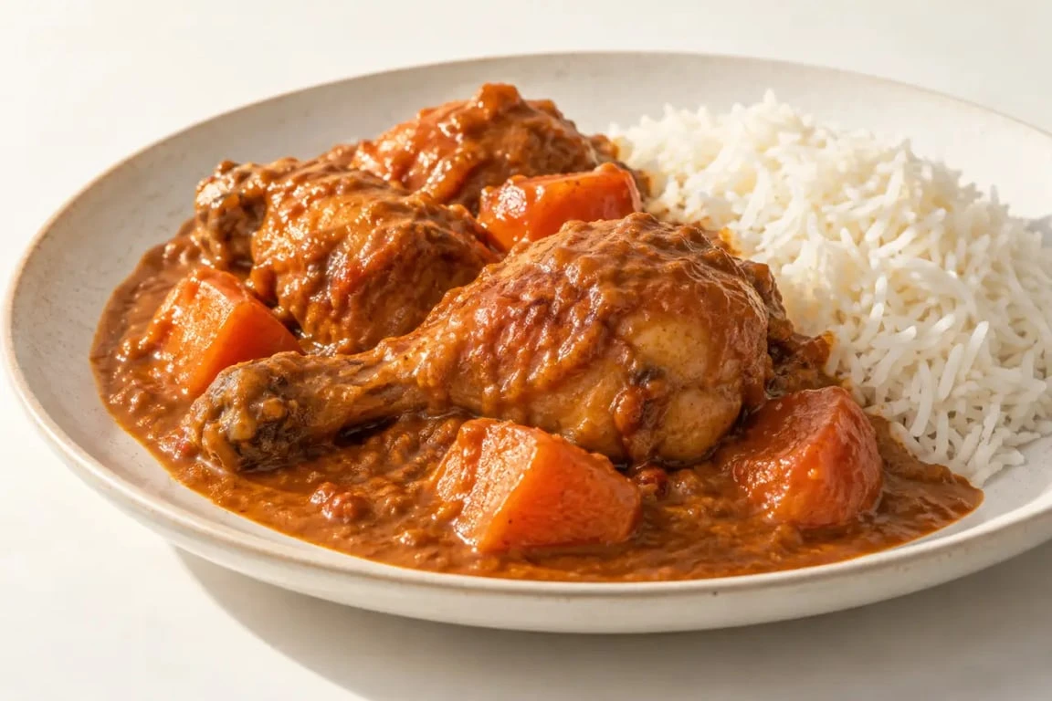 Mafe recette au poulet avec sauce d’arachide, carottes et riz basmati