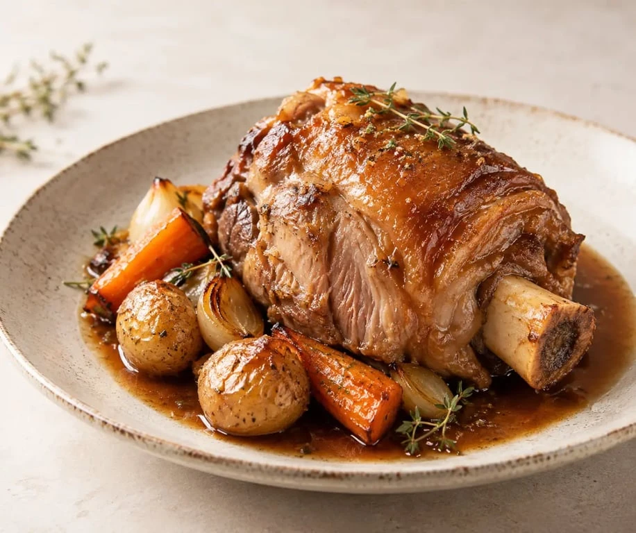 Recette de jarret de porc facile et rapide avec sauce, carottes et couenne dorée