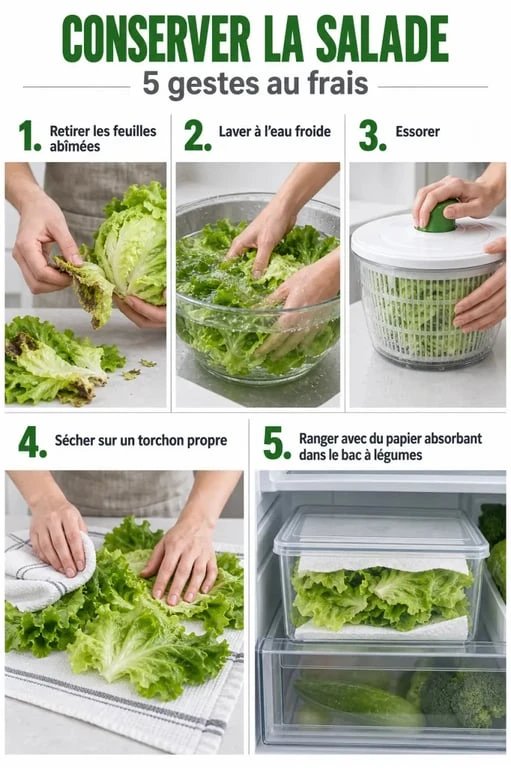 Étapes pour conserver salade au frigo : laver, essorer, sécher et ranger dans une boîte