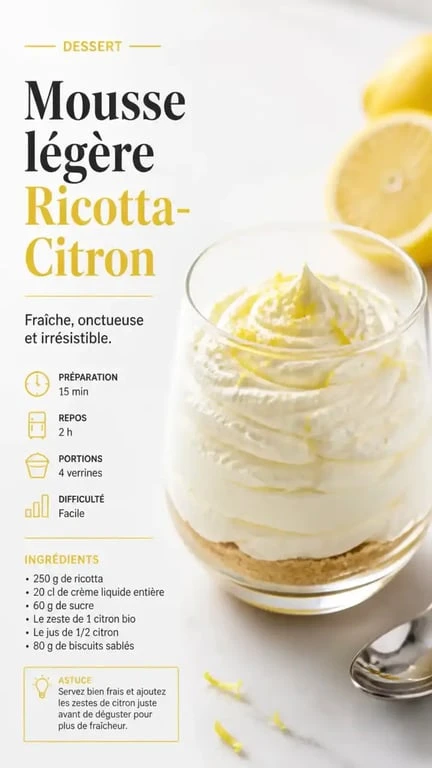 Recette de mousse légère à la ricotta et au citron dans une verrine