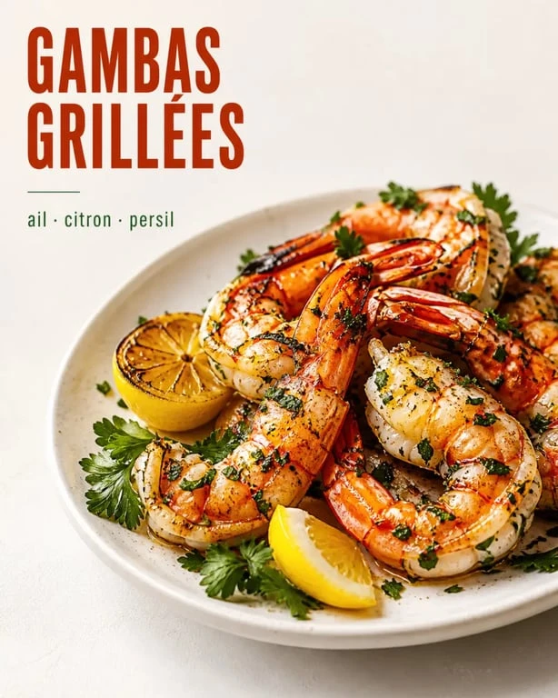 Gambas au barbecue marinade servies sur une assiette avec citron et herbes fraîches