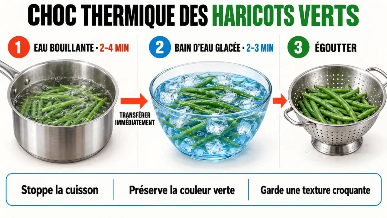 Illustration du choc thermique pour la cuisson des haricots verts frais