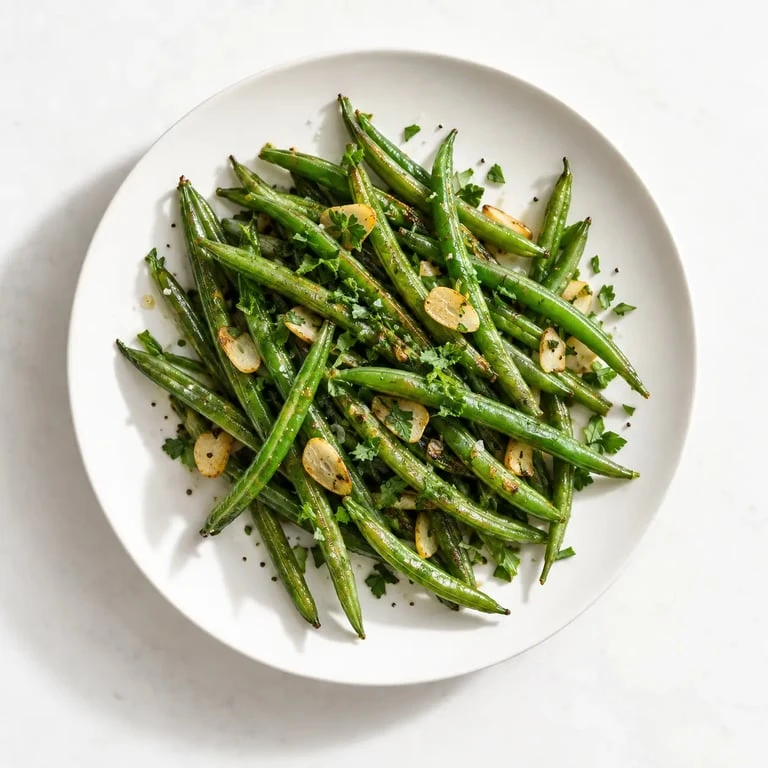 Haricots verts frais sautés à l'ail et au persil dans une assiette