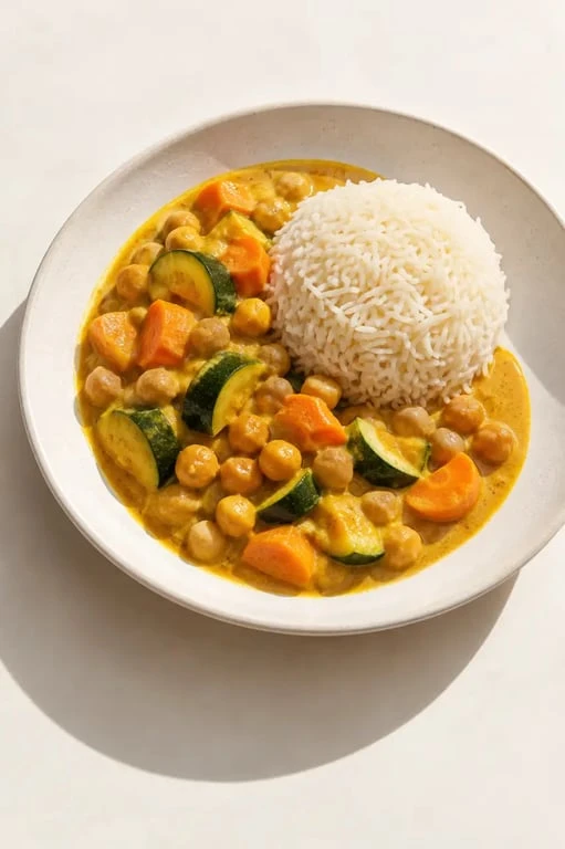 Recette végétarienne simple de curry de pois chiches et légumes avec riz