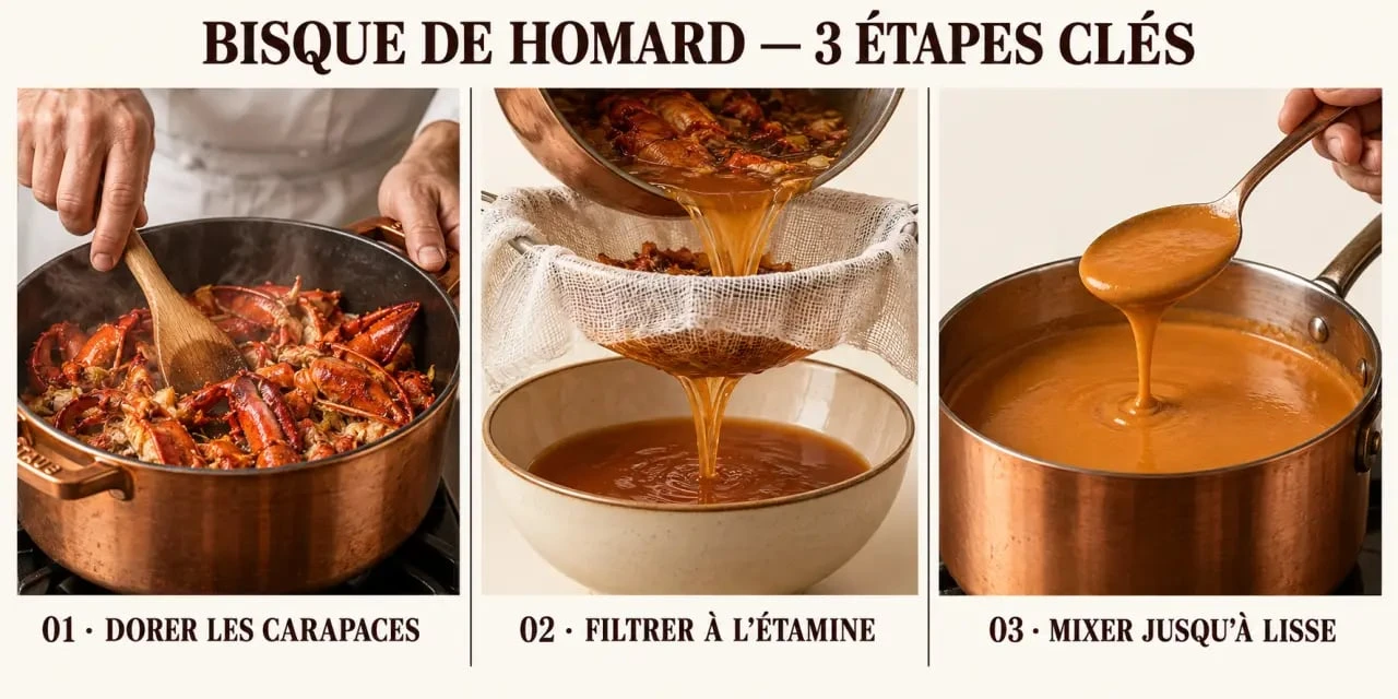 Recettes bisque : coloration des carapaces et filtration fine d'une bisque de homard