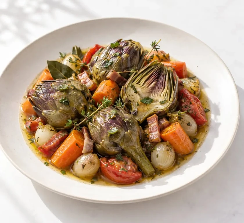 Artichaut à la barigoule provençal braisé aux légumes et aux herbes