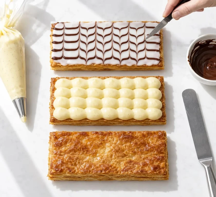 Étapes de montage d’une mille feuille facile recette avec crème pâtissière et glaçage marbré