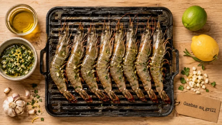 Gambas au barbecue marinade ail-citron, photo à plat