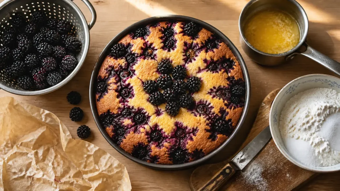 Gâteau aux mûres à 200°C pendant 30 minutes : les gestes pour garder une pâte moelleuse Gâteau à la mure moelleux aux mûres, moule rond et ingrédients