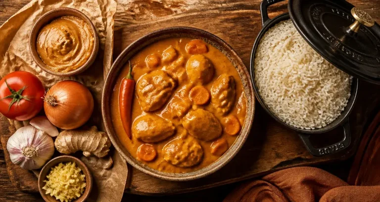Mafe recette au poulet : sauce d’arachide ocre onctueuse, riz et carottes