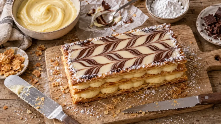 Mille feuille facile recette : trois couches croustillantes, crème lisse, marbré chocolat