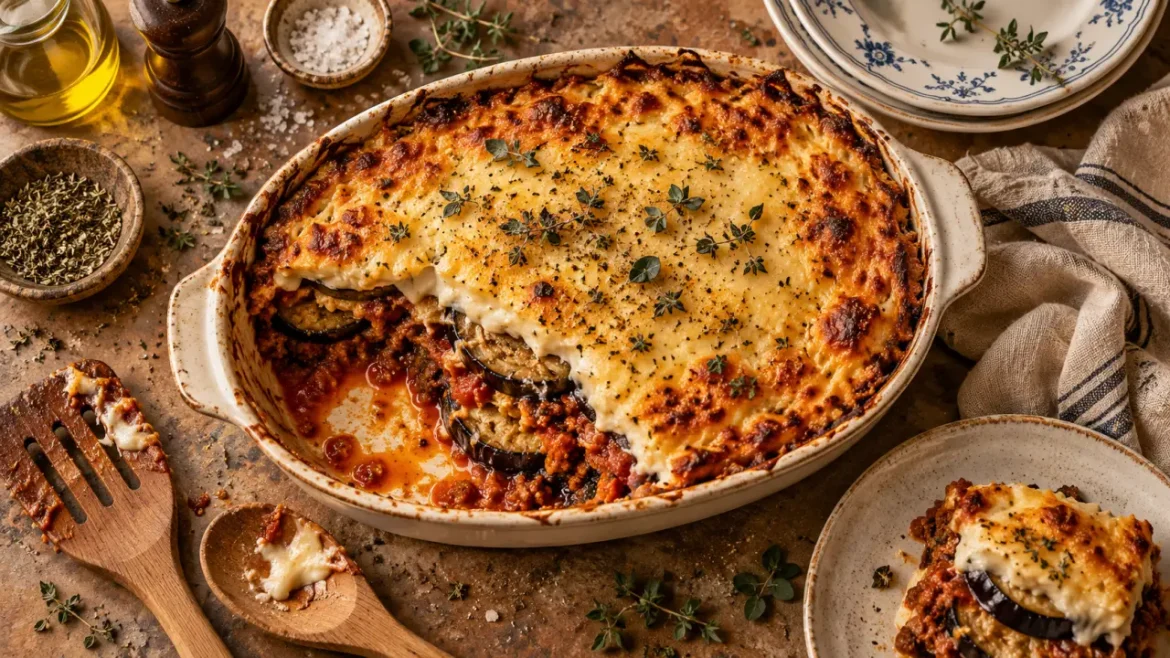 Moussaka facile : 3 aubergines au four, une sauce réduite et 25 minutes à 180 °C Moussaka recette facile avec 3 aubergines au four, béchamel gratinée