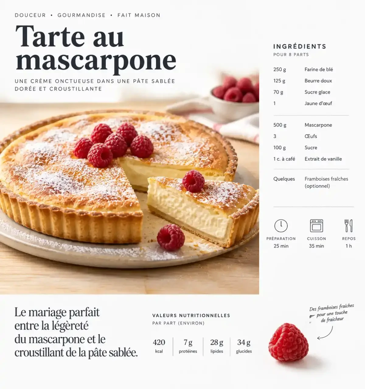 Tarte mascarpone dorée saupoudrée de sucre glace, avec une part découpée et des framboises fraîches