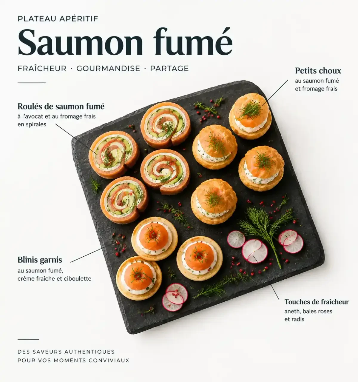 Saumon en apéritif : plateau de roulés, blinis et petits choux au saumon fumé sur ardoise