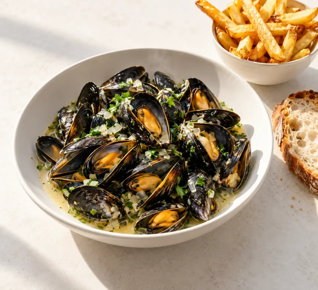 Recette moule mariniere facile servie avec frites, persil et jus au vin blanc
