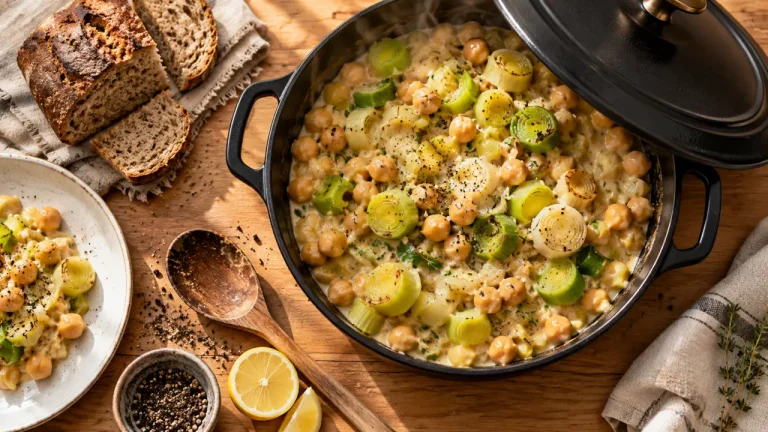 Plat d’hiver facile et rapide : poêlée crémeuse pois chiches et poireaux, sans four (25 minutes)