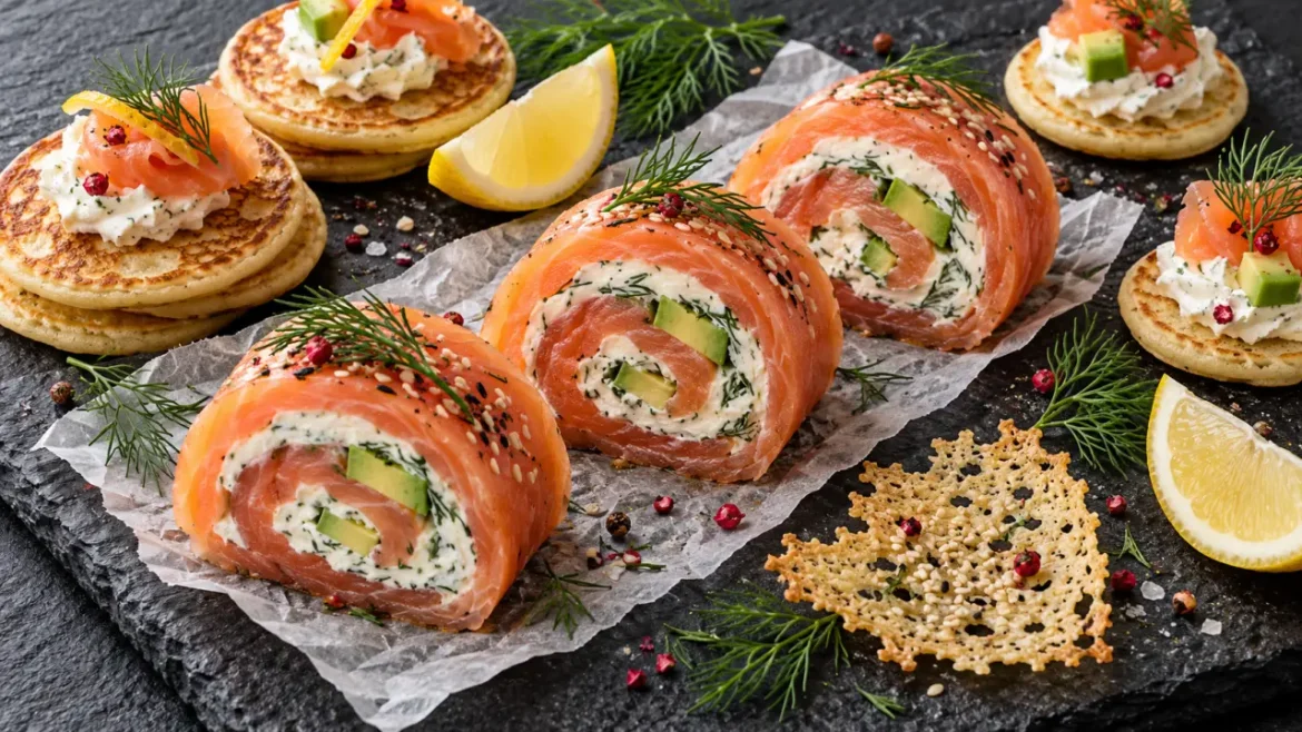 Saumon en aperitif : roulés de saumon fumé, blinis et toasts croustillants